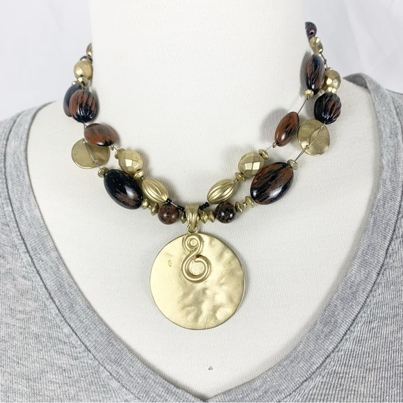 Tabi Boho Brass Medallion Necklace ✨ Mixed Metal & Resin Statement Piece - Picture 2 of 7